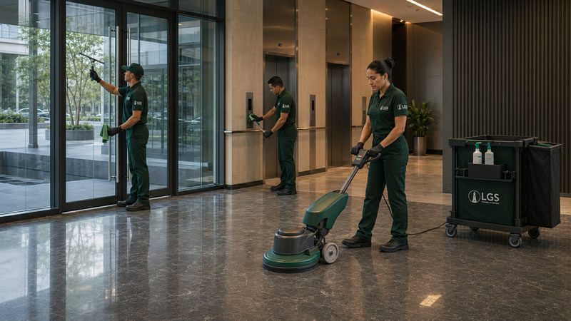 Profissional realizando limpeza predial em edifício comercial